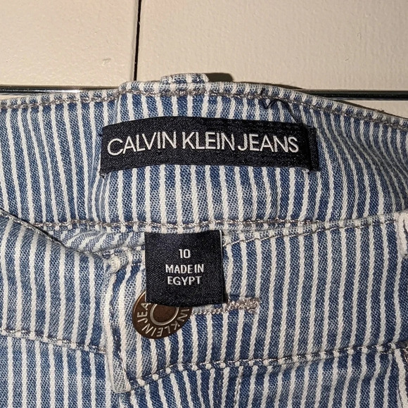 Calvin Klein High Waisted Jean Shorts Cuff Roll Railroad‎ Stripes Blue White - Picture 5 of 8
